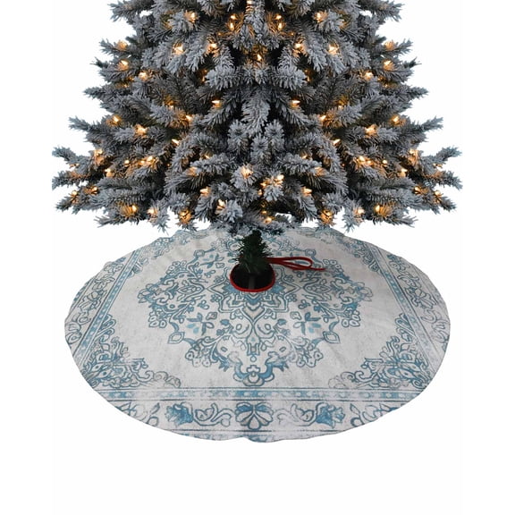 Vintage Blue Christmas Tree Skirt 36 Inches Large Christmas Skirt Tree, Boho Ethnic Mexican Floral Southwestern Tree Skirt Christmas Decorations for Fireplace Party Holidays Indoor Outdoor