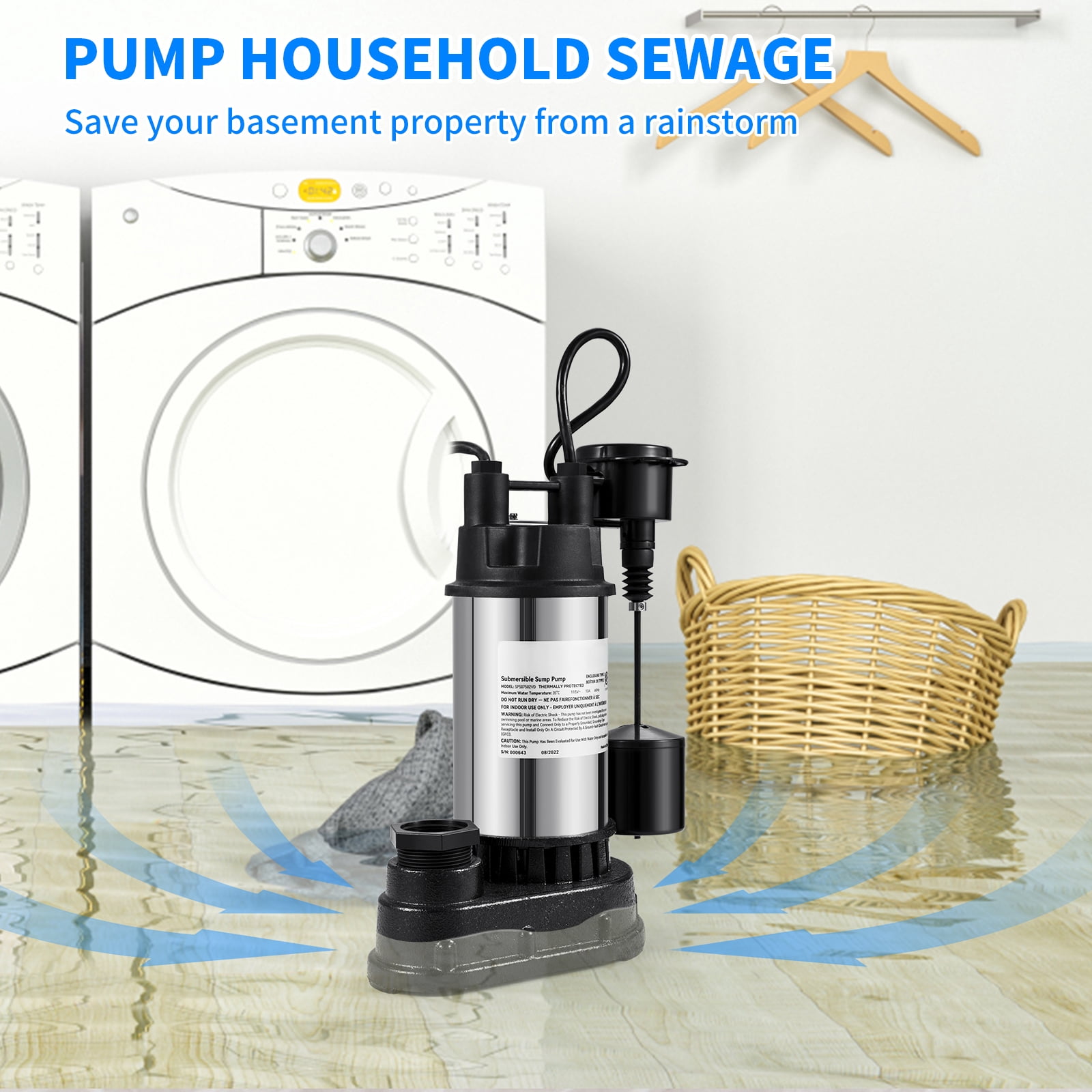 KFFKFF Sump Pump, 1.5 HP 6000 GPH, Submersible Cast Iron and Stainless Steel Water Pump, 1-1/2" Discharge With 1-1/4" Adaptor, Automatic Vertical Float Switch, for Indoor Basement Water Basin