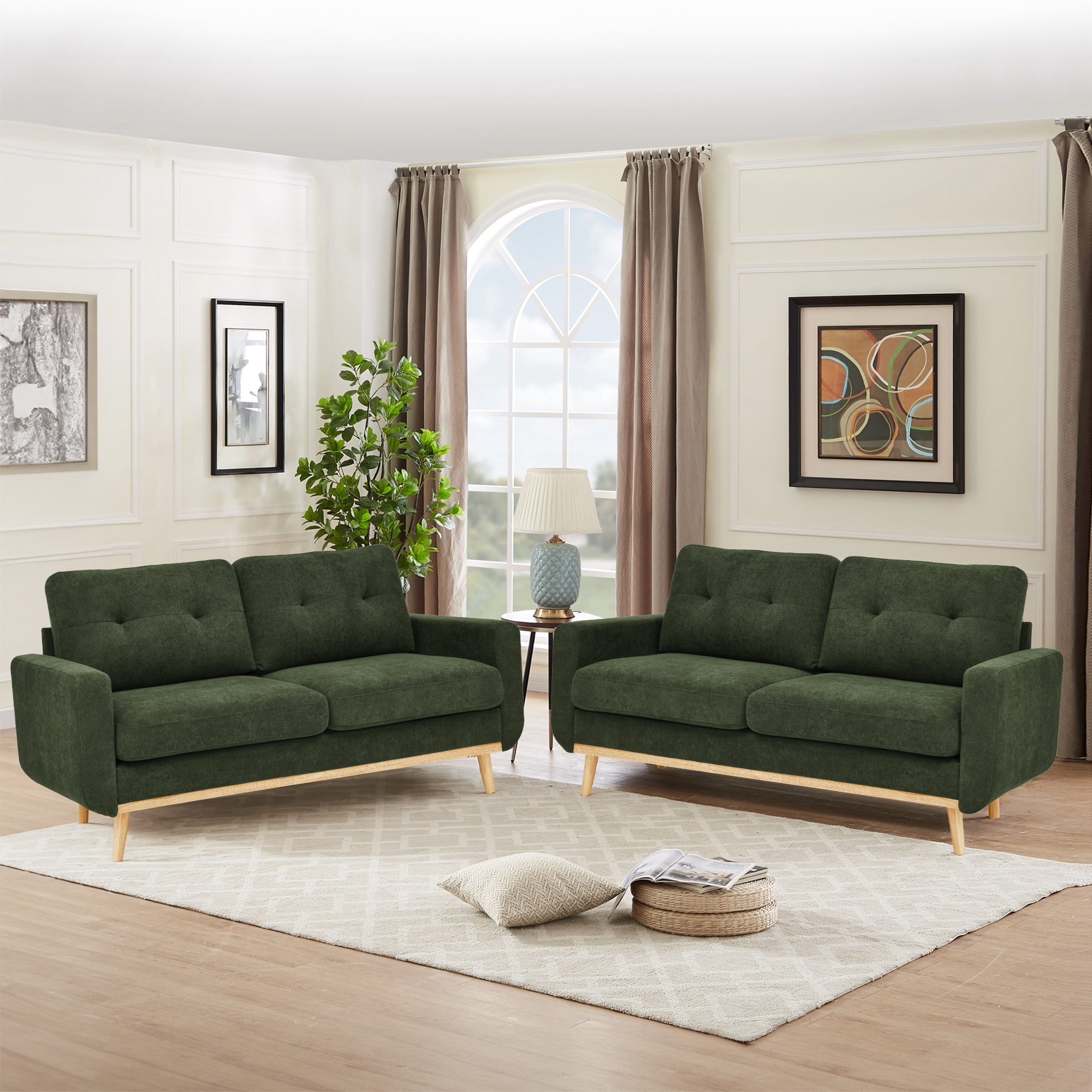 Timbernest 67.7" Loveseat Sofa, Mid-Century Loveseat Couch with Wooden Legs, Green Tufted Upholstery