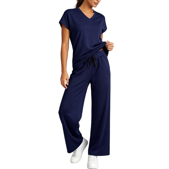 Cadmus 2-Piece Sets for Women Short Sleeve Tops Wide Leg Pants with Pockets, Navy Blue, M
