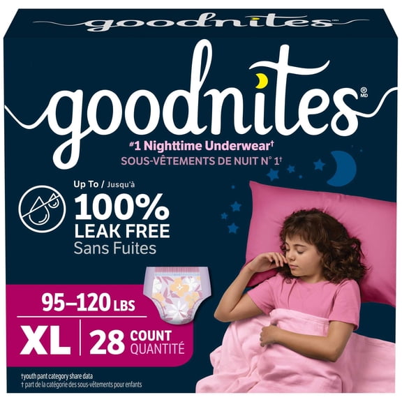 Sous-vêtements de nuit Goodnites pour filles, taille TG (43 à 54 kg [95 à 120 lb]), 28 sous-vêtements