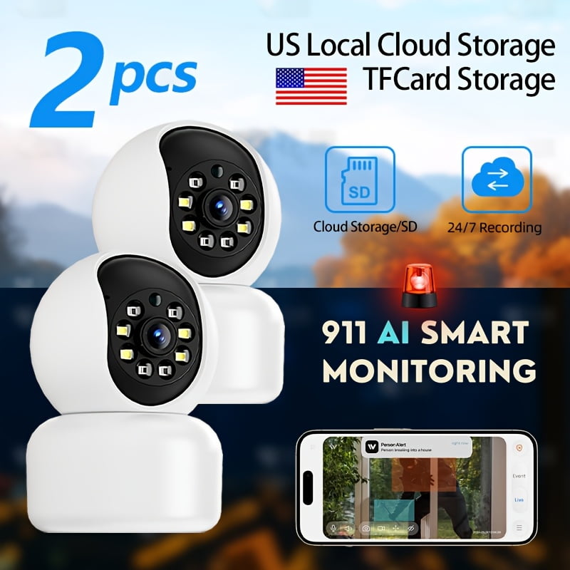 2PCS Smart Indoor Security Camera, Dual-Band 2.4GHz & 5GHz WiFi, 1080P Full Color Night Vision, Two-Way Audio, Auto Human Tracking, Wireless IP Camera, Perfect Gift for Halloween, Thanksgiving & Chri