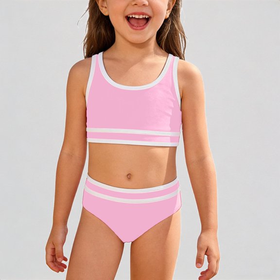 Krdevn Girls Two Piece Swimsuit, Sporty Bikini Set with White Trim, Adjustable Straps & Removable Cups Beach Pool Swimwear for Kids,13-14 Years
