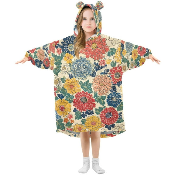 FORMRS Wearable Blanket Hoodie with Sleeves for Kids Cozy Flannel Sweatshirt, Vibrant Flowers Pattern