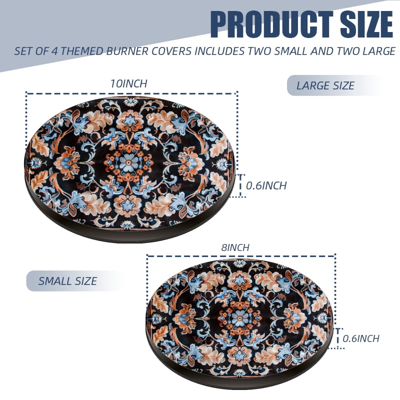 Round Burner Covers for Electric Stove, Bohemia Vintage Chic Floral Decorative Metal Stove Burner Cover Kits Set of 4 for Kitchen, 8 Inches and 10 Inches