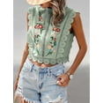 thumbnail image 2 of Women'S Floral Embroidery Lace Trim Blouse Mock Neck Sleeveless Holiday Crop Tops Matcha Color S, 2 of 7