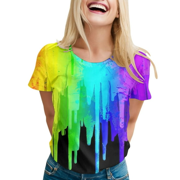 TINZ Femmes Décontracté Pâques Imprimé Manches Courtes Col Rond T-Shirt Haut Hauts Coupe Ample Espace T T-Shirts Femme Entraînement T-Shirt Manches Courtes T-Shirt Manches Longues Ajusté Femmes T-Shirt à Rayures Arc-en-Ciel