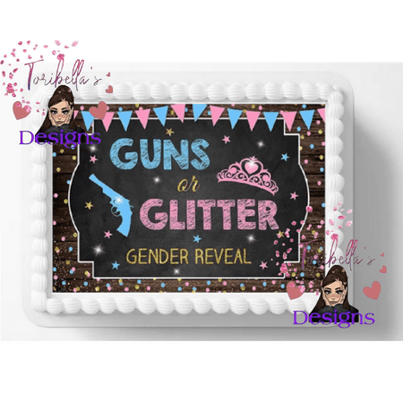 Guns Or Glitter Baby Gender Reveal Edible Image Cake Topper Birthday Cake Decoration Edible Photo Paper For 1/4 to 1/2 sheet Cake 10" by 8" rectangle You add To Your Own Cake.