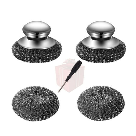 HZCrisp 2 Pack Steel Wool Scrubber with Handle, Includes 2 Replacement Pads, Heavy Duty Metal Dish Scrubber for Cleaning Dishes, Cast Iron, Pans, Griddles, and BBQ Grills
