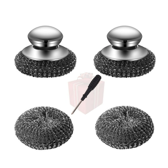 HZCrisp 2 Pack Steel Wool Scrubber with Handle, Includes 2 Replacement Pads, Heavy Duty Metal Dish Scrubber for Cleaning Dishes, Cast Iron, Pans, Griddles, and BBQ Grills
