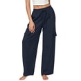 thumbnail image 4 of Cagogo Women's Drawstring Cargo Pants Wide Leg With Pockets Casual Loose Long Lounge Party Trousers Summer Travel Beachwear Clothes, Navy M, 4 of 7