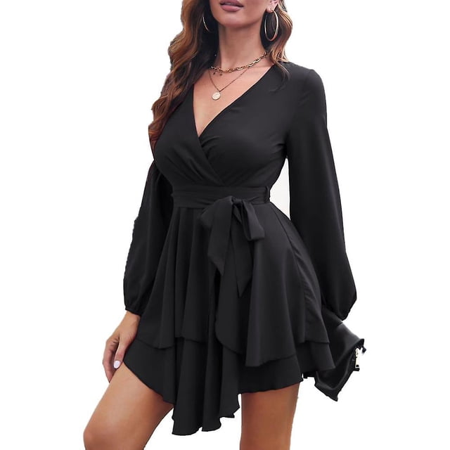 Vestido de mujer con escote en V profundo, manga larga, lazo en la cintura, volantes, minivestido estilo patinador - Negro M blac