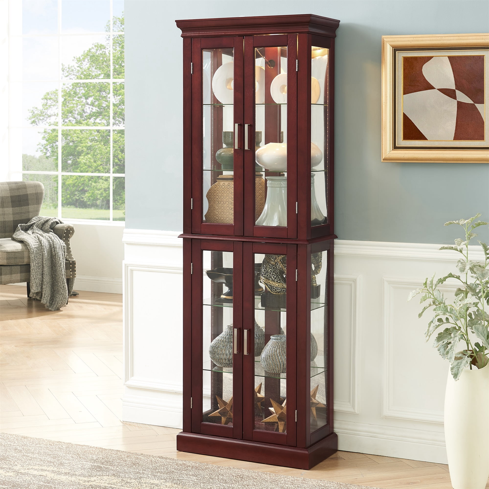Miniyam Curio Display Cabinet with Adjustable Glass Shelves, Light, Cherry