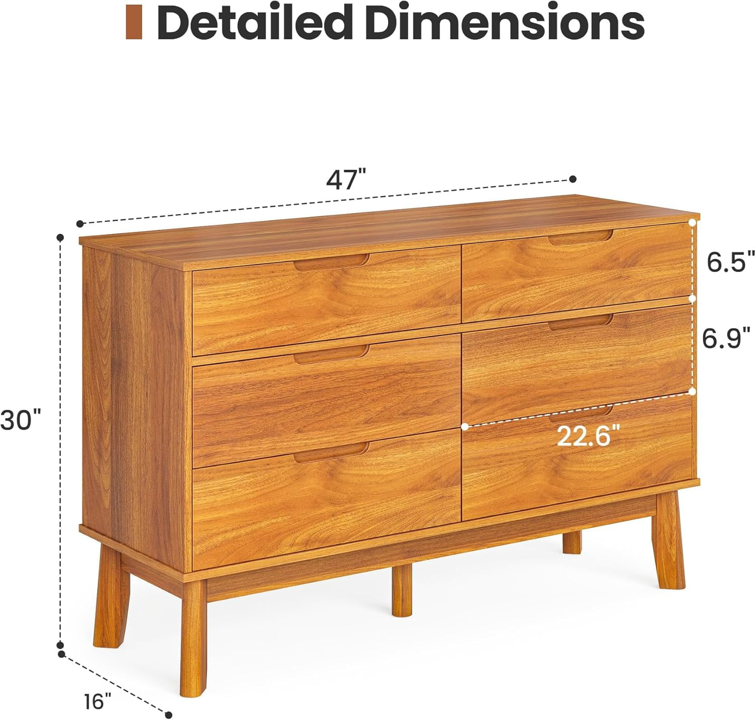 47" Wide 6 Drawer Dresser, Mid-Century Modern Double Dresser with Walnut Finish, Large Horizontal Chest of Drawers for Bedroom, Wood Storage Cabinet, Caramel