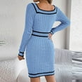 thumbnail image 6 of Ediodpoh Women Autumn Winter Knitted Block Striped Long Sleeve Midi Dress Sweater Dress with Square Neck Buttons Light Blue XL, 6 of 6