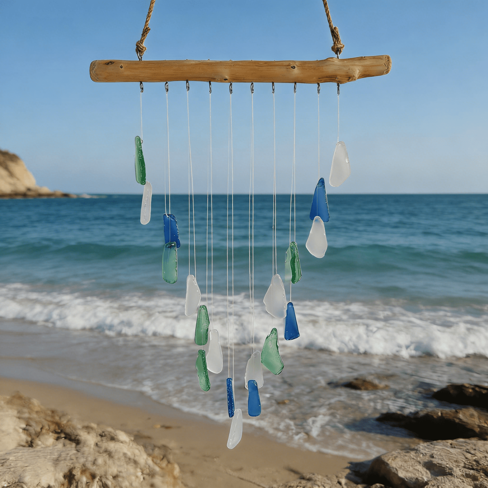 Driftwood Sea Glass Wind Chime, Bohemian Wall Decor, Blue Decor, Green Living Room Decor, Hanging Decor, Home Decorations for Living Room, Living Room Wall Decor, Outdoor Hanging