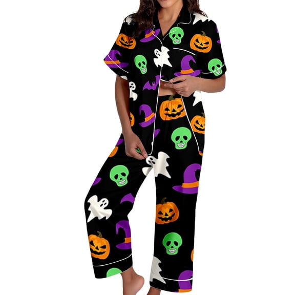 Halloween Loungewear Set for Women Ghost Pumpkin Graphic Printed 2 Piece Pajama Set Short Sleeve Notch Collar Casual Soft Sleepwear