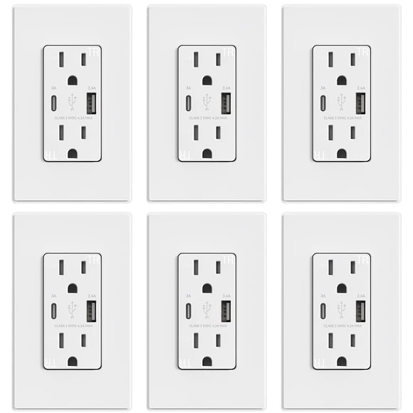 Enchufe de pared ELEGRP USB 15 A con 2 USB tipo A y tipo C 21 W, paquete de 6