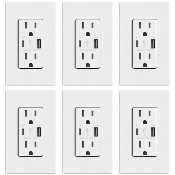 Enchufe de pared ELEGRP USB 15 A con 2 USB tipo A y tipo C 21 W, paquete de 6