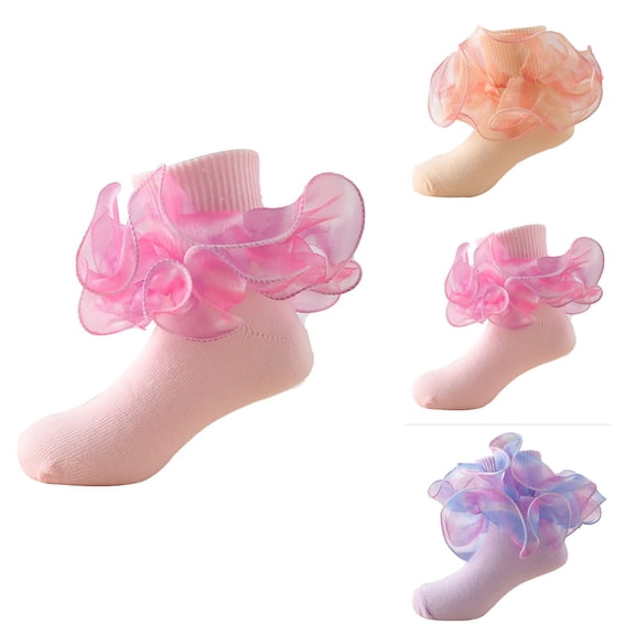 Toddler Girls Floor Socks with Ruffle and Lace Trim, Frilly Double Lace Princess Crew Socks, Soft Comfy Ankle Socks with Turn for Casual Wear