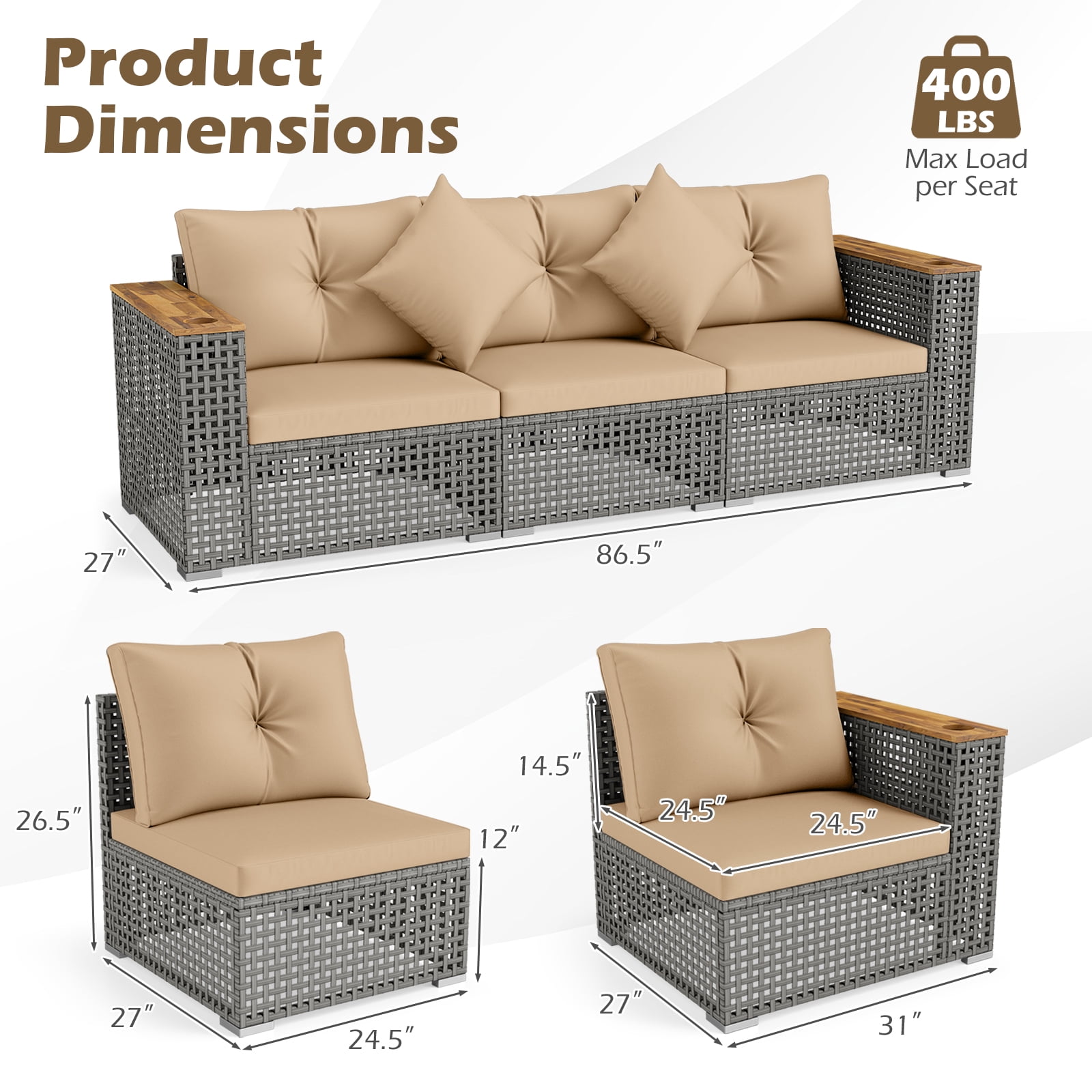 Costway Patio Wicker Sectional Furniture Set, 3 Piece Outdoor Couch Set for Garden Beige