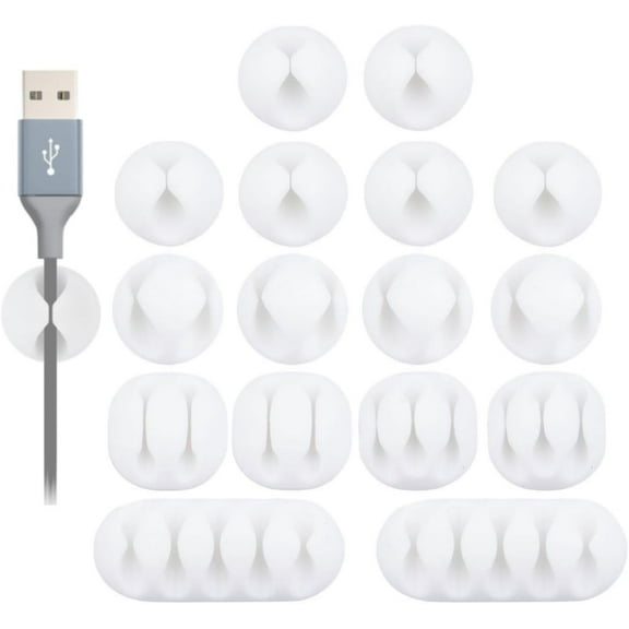 Desk Cable Management Cord Organizer, 16 Pack White Self Adhesive Cord Holder Cable Clips, Ideal Cable Organizer Wire Keeper for Desk, Nightstand, Phone Charger, Computer, Home, Office, Car