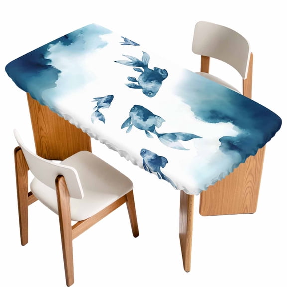 Navy Blue Fish Table Cloths for 4 Foot Rectangle Tables, Nautical Coastal Summer Ocean Modern Art Patio Waterproof Elastic Fitted Tablecloths, Washable Rectangular Table Cover for Camping