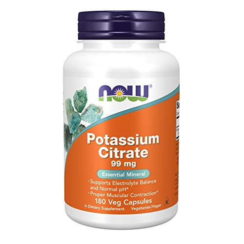 NOW Supplements, Potassium Citrate 99 mg, Supports Electrolyte Balance and Normal pH* Essential Mineral, 180 Veg Capsules