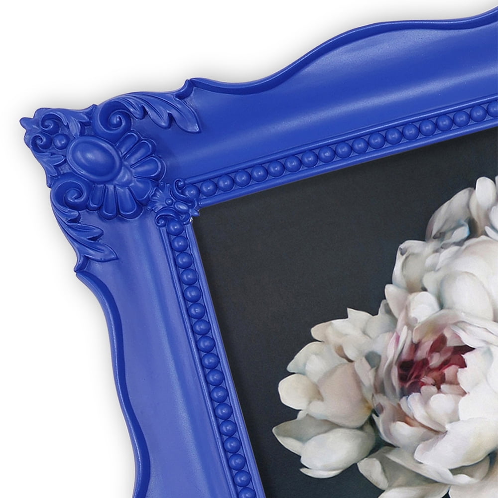 Blue 8x10 Picture Frame for Wall and Tabletop, Vintage Photo Frame with Flower Carving Ornaments