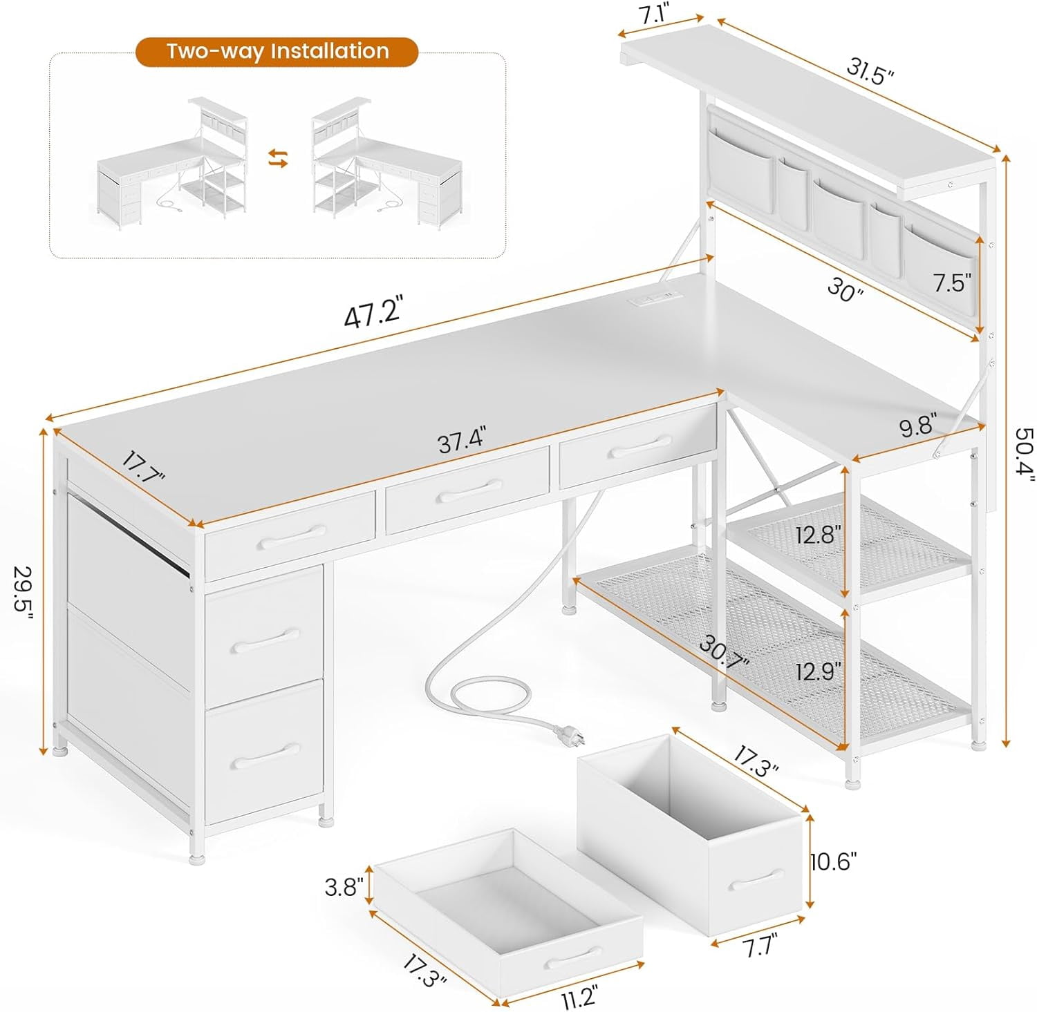 L Shaped Desk with 5 Fabric Drawers and Hutch, 47.2" Reversible Computer Desk with LED Lights for Home Office