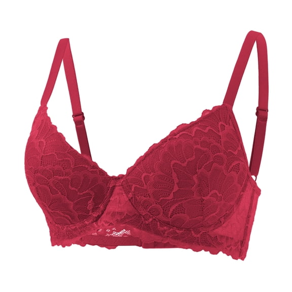 UDAUDU Women's Push Up Bra Floral Lace Comfort Underwire Support Lightweight Lined Everyday Bralette Red 34B