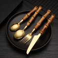 thumbnail image 3 of Bamboo Handle Stainless Steel Cutlery Set Wooden Spoon and Fork Set Knife Minimalist Gold Dinnereware Tableware set Gift, 3 of 9