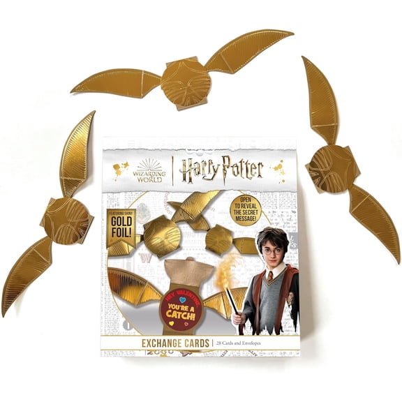 Harry Potter Golden Snitch Valentine's Day Card Set for Kids, 28 Card Pack & Envelopes - Shiny Gold Foil Snitch Cards with Fun Greetings - Great for School Classroom Parties - Boys & Girls ages 4 