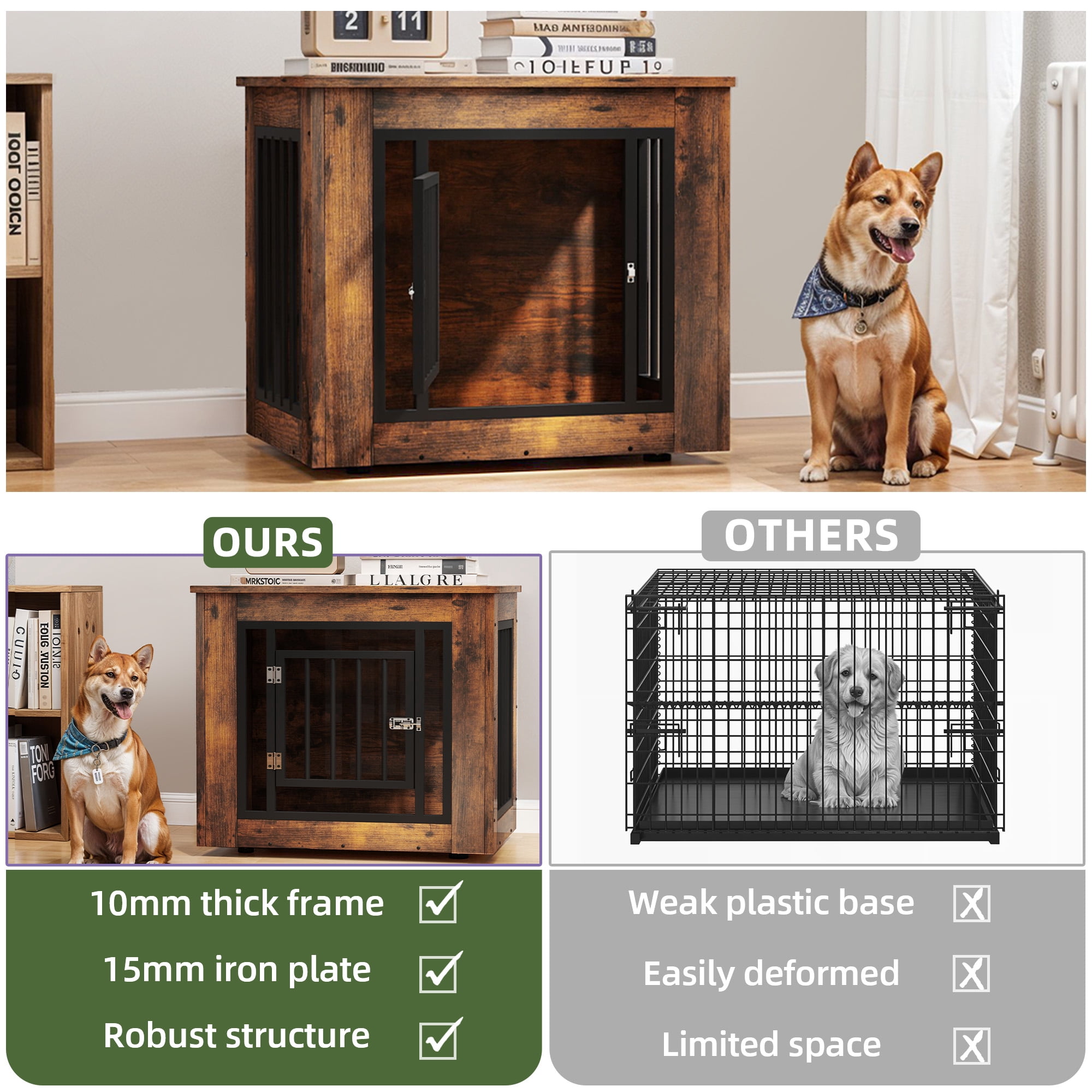 Uforic 27"L Wooden Dog Crate Furniture with Steel Lock,for Small Dogs up to 30 Lb, 27.1"L x 20.1"W x 24"H