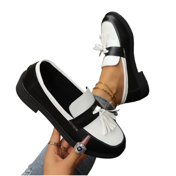 Purcolt Womens Color Block Loafers Dressy Casual Fringe Round Toe Slip On Boat Shoes Comfort Thick Soft Sole Flats Shoes for Business Work Office