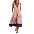 thumbnail image 3 of Oksale Flowy Dresses for Women Trendy Denim Print Deep V Neck Tank Dress with Pockets Loose Cozy Midi Vacation Dresses Pink M, 3 of 10