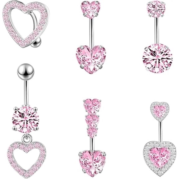 6Pcs Sparkling Pink Navel Jewelry Hypoallergenic Belly Ring Set 14G 10mm Cute Heart Belly Button Rings for Women Girls Gift