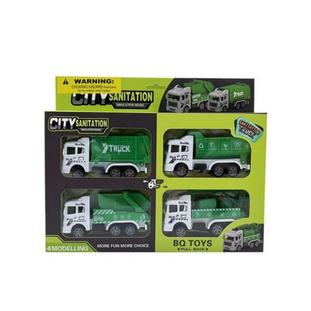 Kole Imports GH894-2 Pull Back Toy Recycle & Garbage Truck Set, Pack of 4 - Case of 2