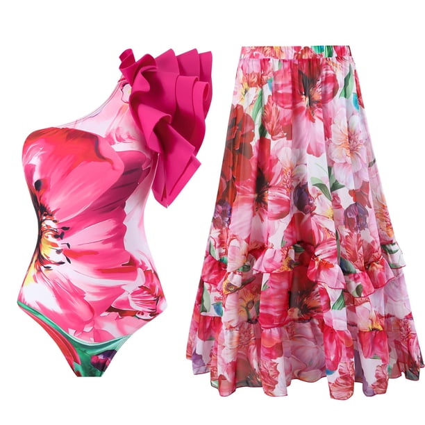 Modesto Trajes de Baño para las Mujeres Retro Impresión Bikini con Vestido, Traje de Baño de Pieza Sexy para la Piscina Y la Playa
