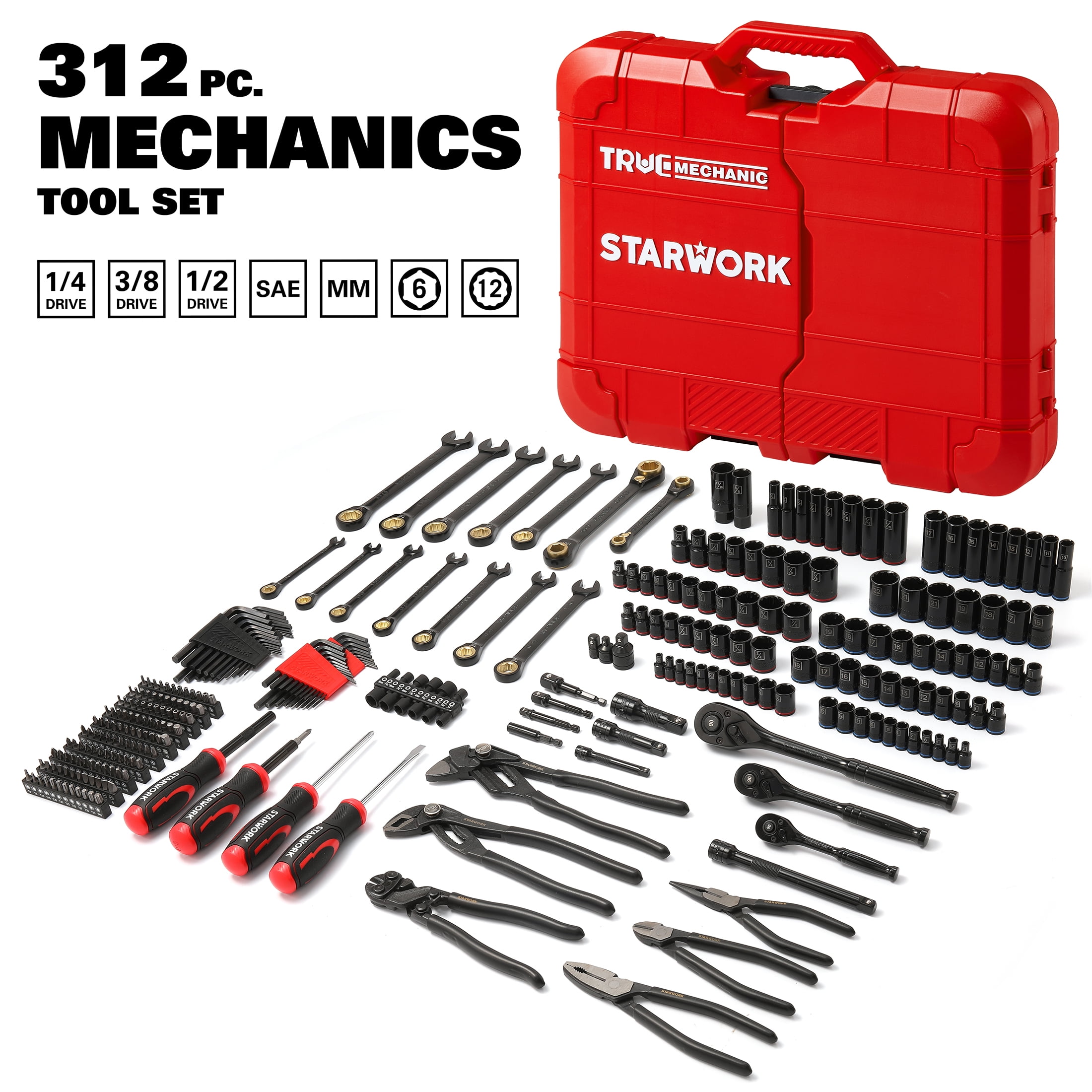 STARWORK TRUE MECHANIC™ 312-Piece Mechanics Tool Set and Socket Set, Professional【Pliers Wrench Version】 SAE/Metric
