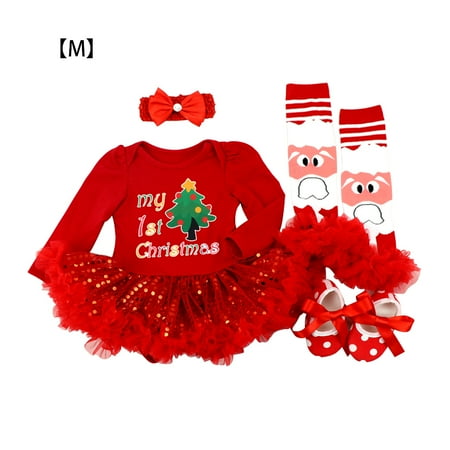 

Baby dress4 Pcs/set Christmas Girl Clothes Set Skirt Dress Shoes Hairband Type 1 M