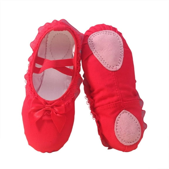 Xfvqtps Ballet Shoes for Girls Soft Sole Non Slip Cross Elastic Straps Solid Color Bow Lace Edge Canvas Dance Shoes for Gymnastics Performance Red
