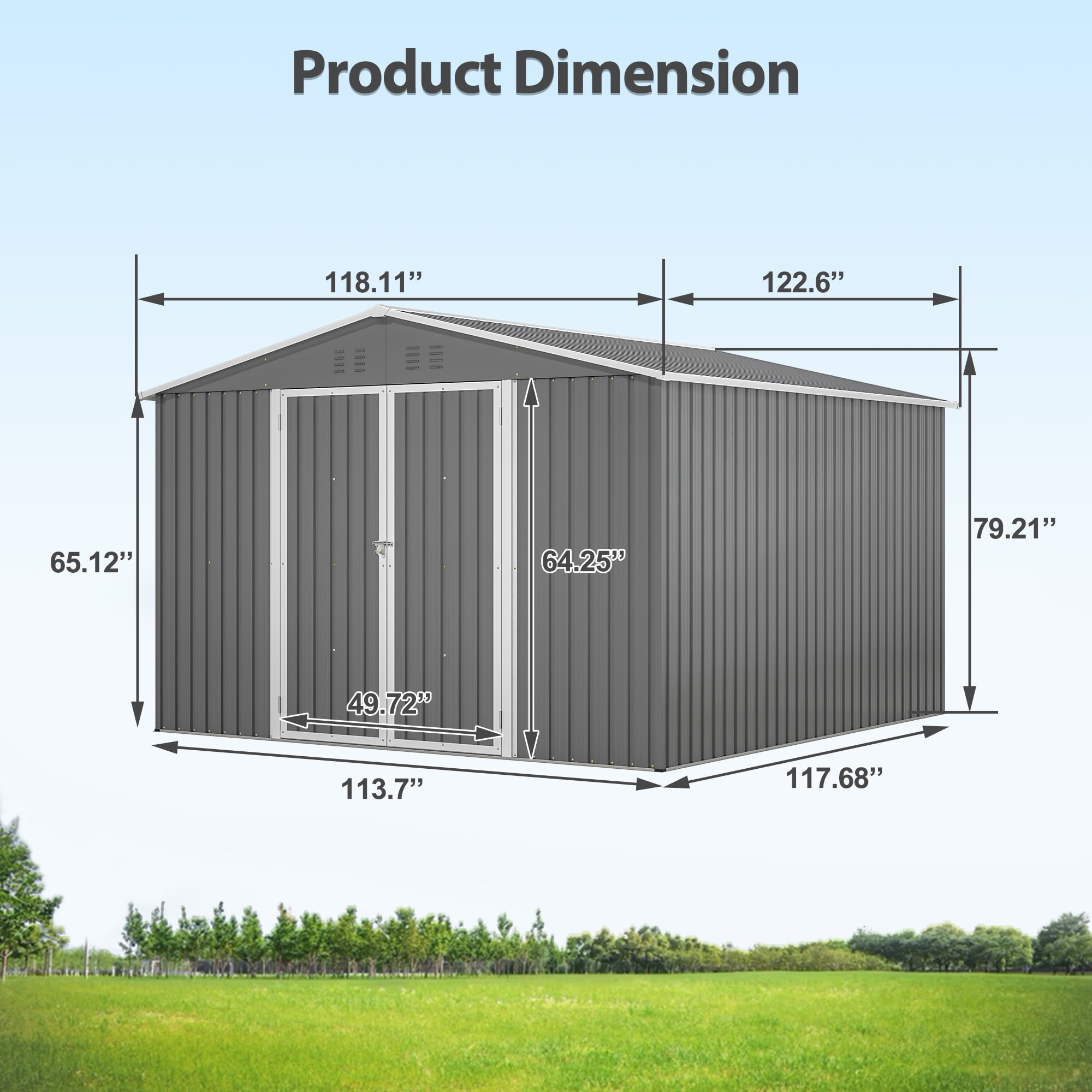 10x10 Ft Outdoor Storage Shed with Floor Frame, Metal Garden Tool Shed with Lockable Doors, Ideal for Backyard Garden Patio Lawn, Grey
