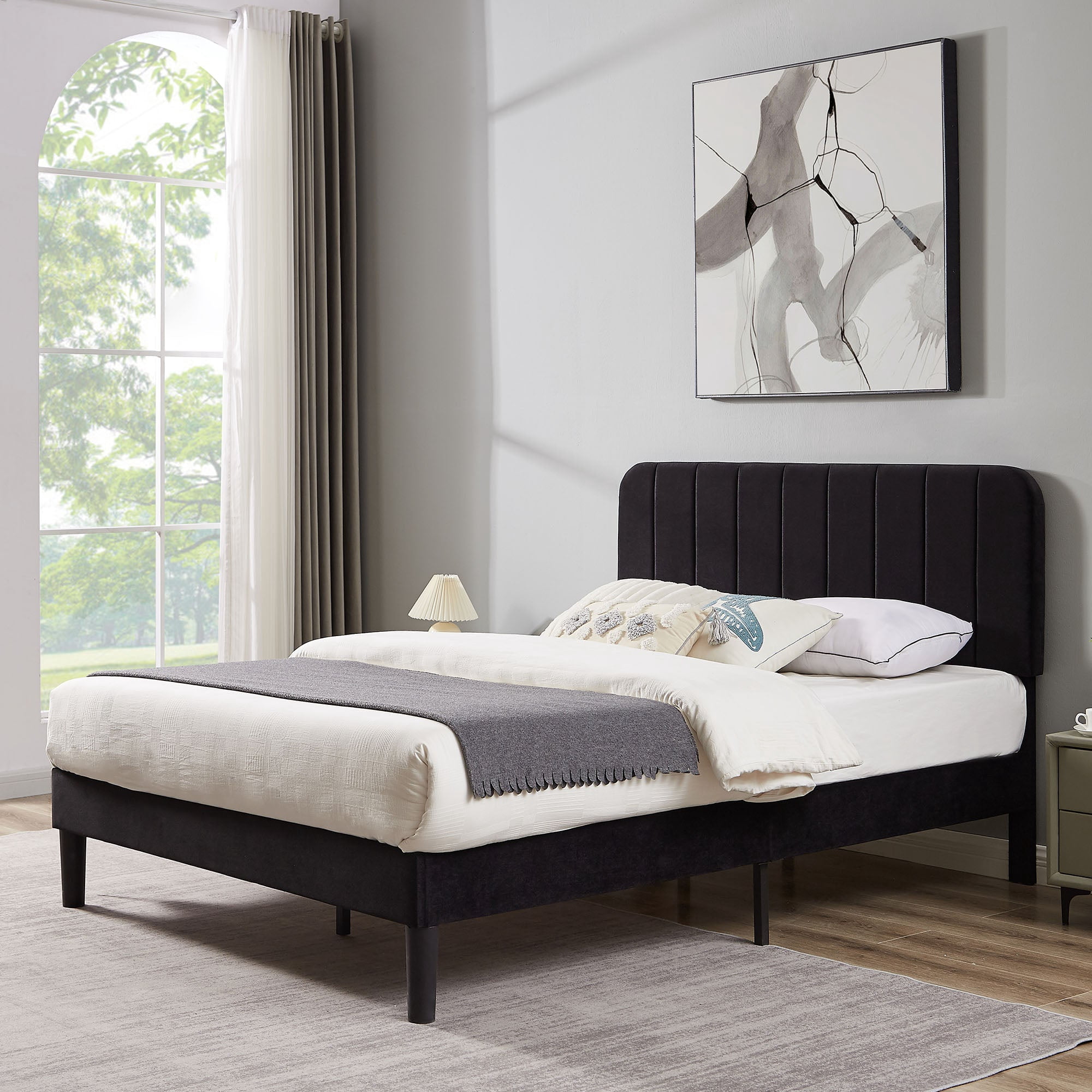 VECELO Full Size Bed Frame with Upholstered Headboard, Velvet Platform Bedframe Mattress Foundation, Strong Wood Slat Support, No Box Spring Needed,Velvet Black