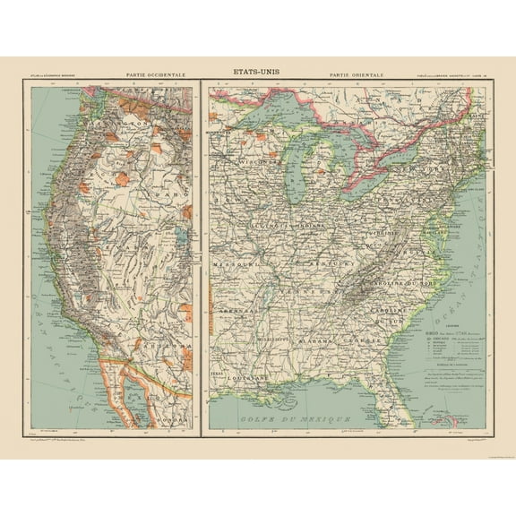 Historic State Map - United States Western Eastern - Schrader 1908 - 29.41 x 23 - Vintage Wall Art