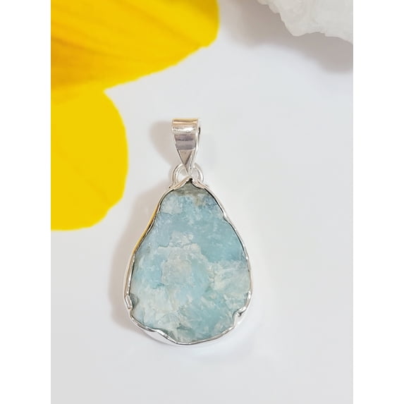 Rough Larimar Pendant, Pure Silver Pendant, Sea Blue Larimar Jewelry, Dominican Larimar, Necklace Pendant, Gift For Her, Ready to ship