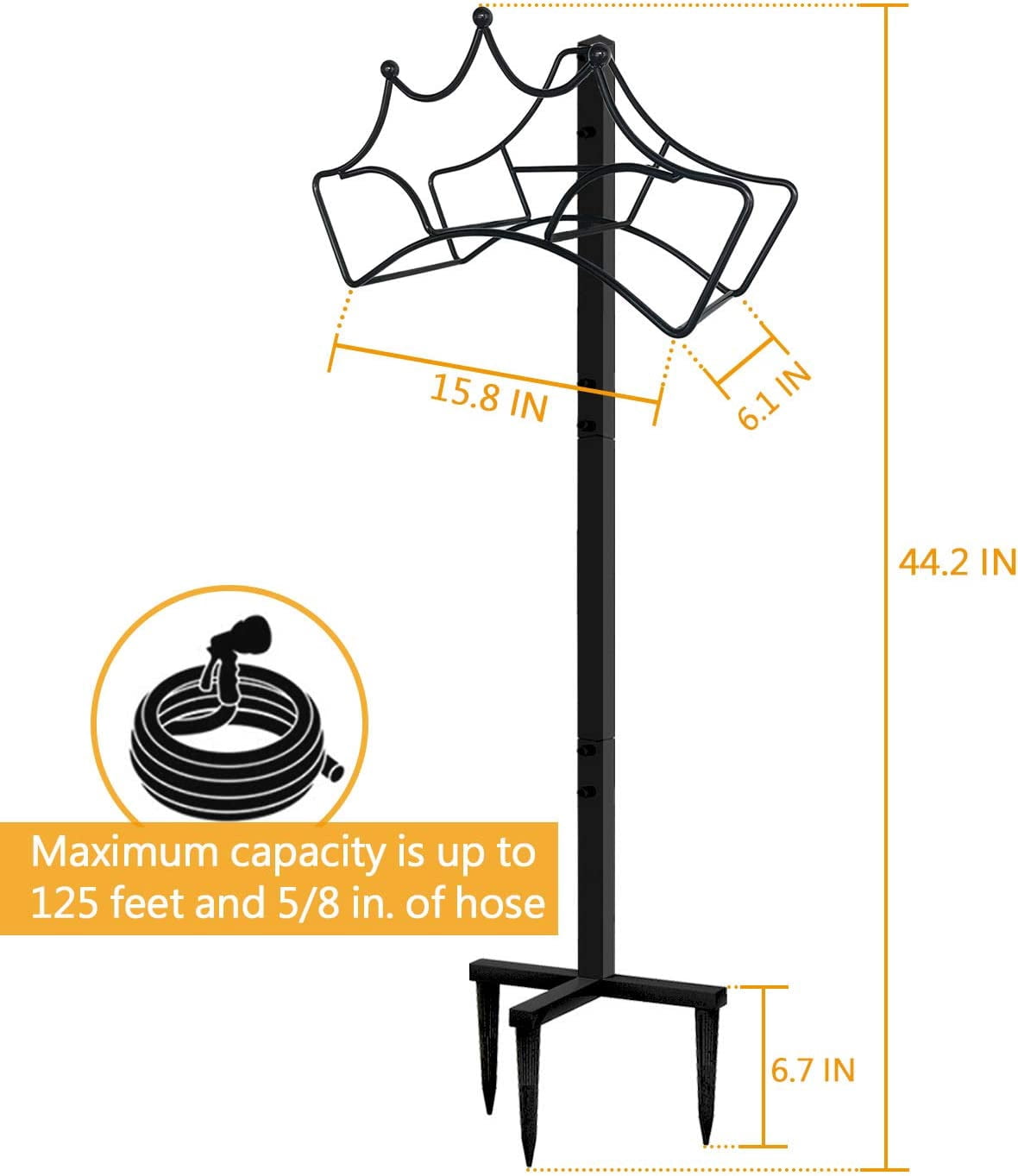 Freestanding Garden Hose Stand Holder - Metal Water Pipe Reel Rack for Outdoor, Shiny Black