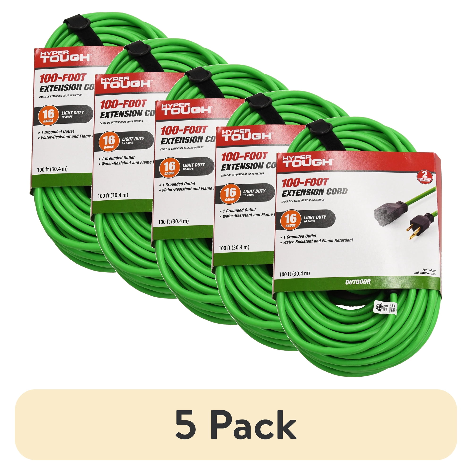 (5 pack) Hyper Tough 16 AWG 3-Conductor 100 ft Indoor/Outdoor High-Visibility Green Vinyl Extension Cord
