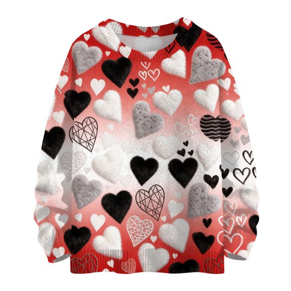 Dwralegc Womens Valentine Sweaters Heart Print Cute Sweaters Crew Neck Long Sleeve Fashion Spring Casual Sweater Tops Red M