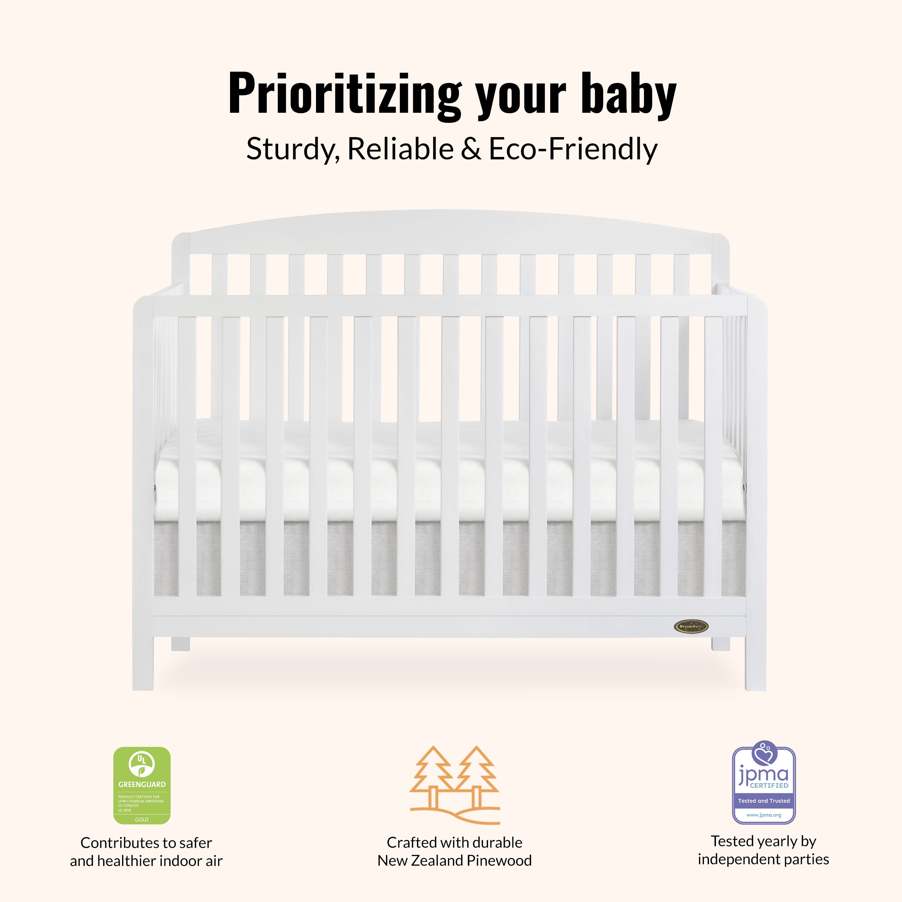 Dream On Me Odelle 5-in-1 Convertible Crib, Baby Crib to Toddler Bed and Full Size Bed, Three Adjustable Mattress Height Positions, White
